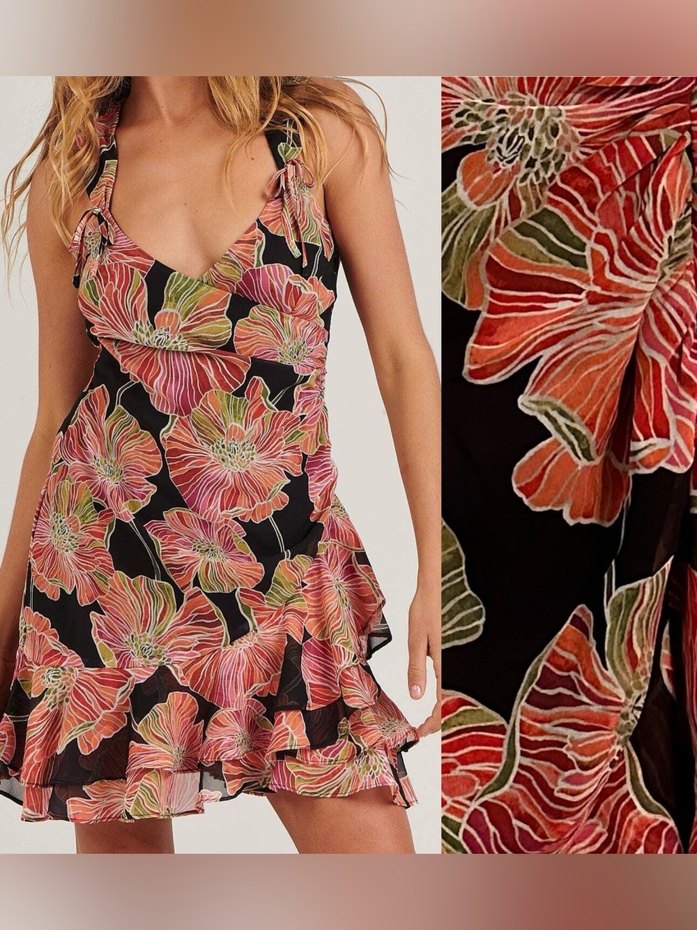 Charlie Holiday. Lucy Mini Dress  vibrant floral pattern on black Size 8  NWT